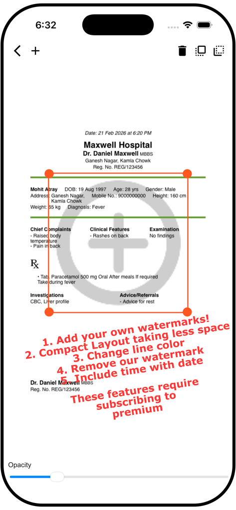 Interface of Digital Prescription Maker app showing premium features like custom watermarks and compact layouts