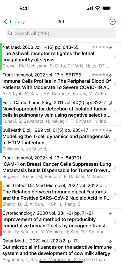 Bookends - Una lista de artículos de investigación académica y referencias en la aplicación Bookends.
