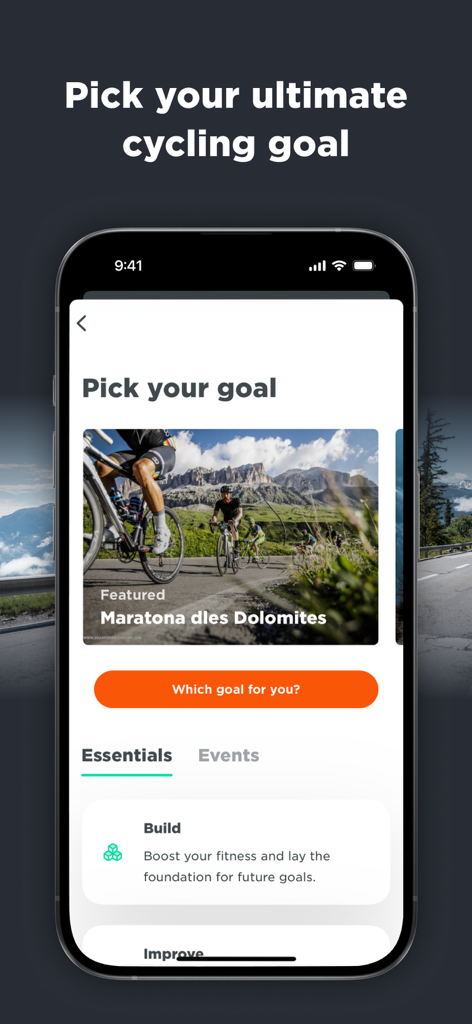JOIN Cycling Coach app screen showing the goal selection interface with a featured cycling event like Maratona dles Dolomites.