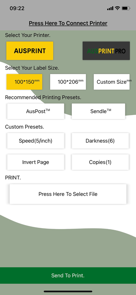 AUSPRINT - AUSPRINT app interface for selecting printer, label size, and custom printing presets like speed and darkness.