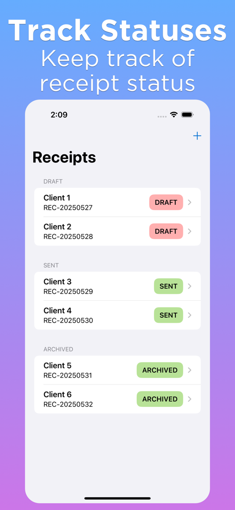 Receipt Maker Generator - Mobile dashboard showing receipts organized by draft sent and archived status
