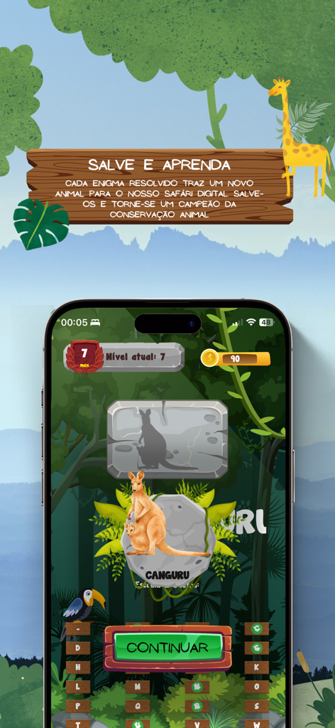 Caça Palavra Animais - Tela de nível de quebra-cabeça educacional de canguru no aplicativo Zoo Puzzle com fundo de selva