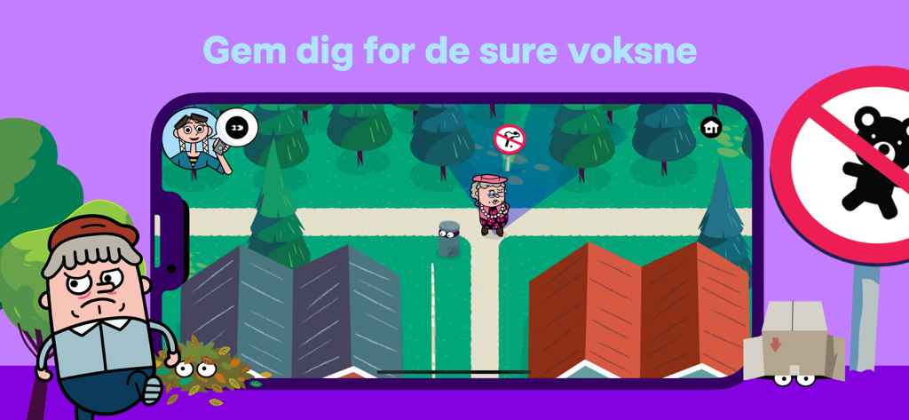 DR Ramasjang Motor Mille - A cartoon gameplay scene where a player character hides in bushes and boxes to avoid being seen by a grumpy adult character.