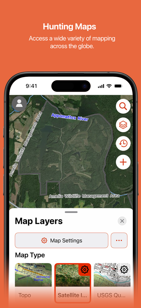 Garmin Alpha - Application Garmin Alpha affichant une carte satellite d'une zone de gestion de la faune avec différentes options de couches cartographiques