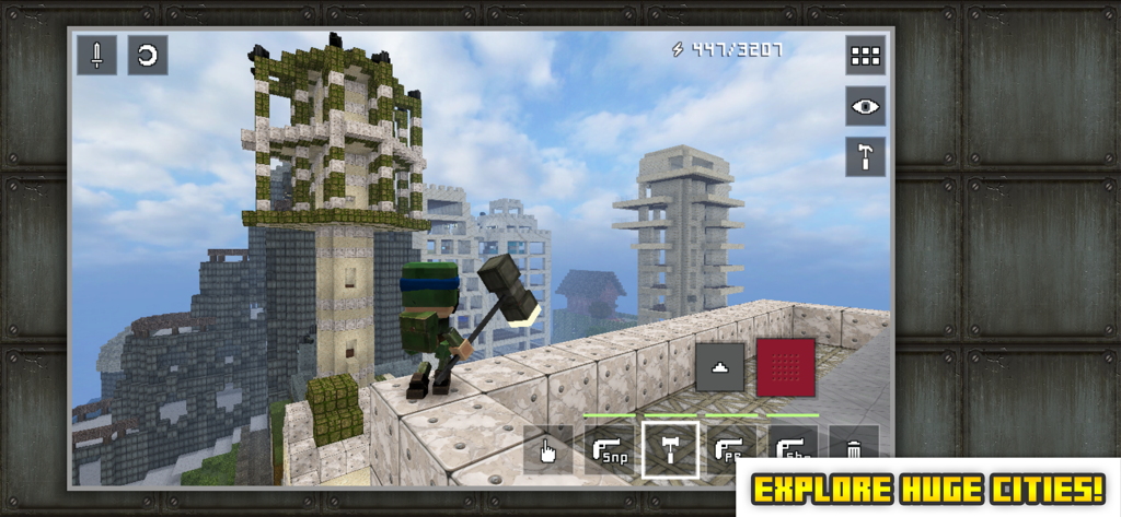 Block Fortress - A character holding a hammer looks out over a voxel city with tall buildings in the game Block Fortress.