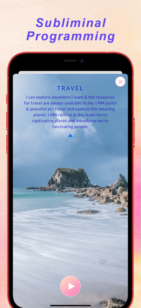 Vision Board Manifestation - Una pantalla de aplicación móvil que muestra un tablero de manifestación de viajes con afirmaciones subliminales y un fondo de playa escénica.