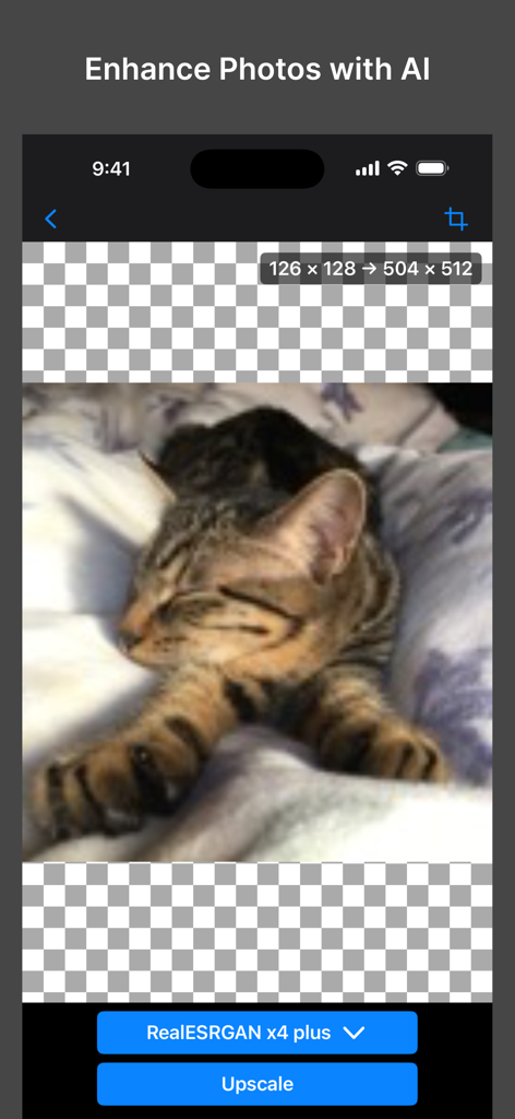Image Super Res - Screenshot of Image Super Res app showing a low-resolution cat photo being upscaled with AI.