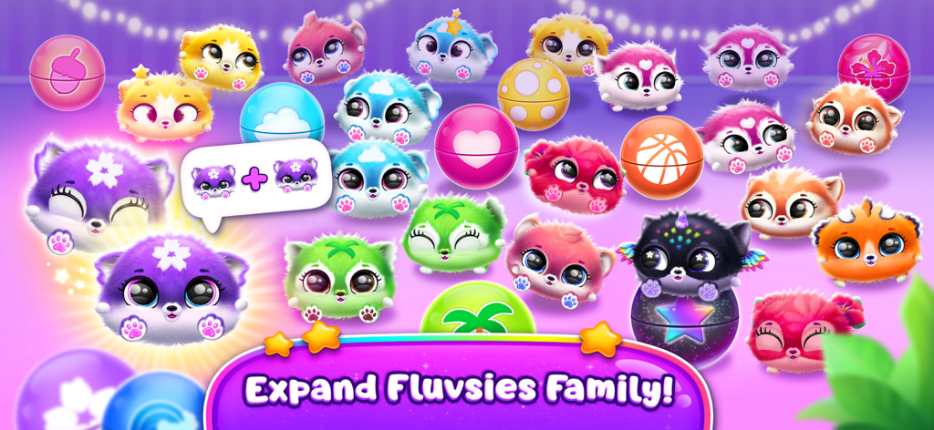 Fluvsies Merge Party - Un grupo de coloridas mascotas virtuales peludas con una demostración de la mecánica de unir y cápsulas sorpresa.