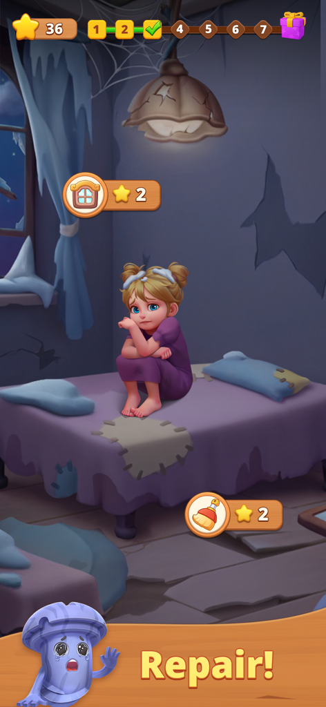 Chica triste sentada en un dormitorio roto necesitando reparación en Family Savior Screw Puzzle