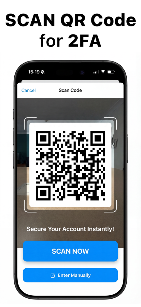 2要素認証用のQRコードをスキャンする方法を示すスマートフォン画面。