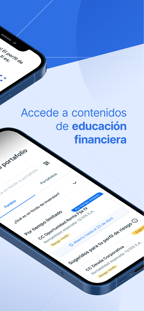 Écran de smartphone montrant des portefeuilles d’investissement et un message d’éducation financière dans l’application tyba