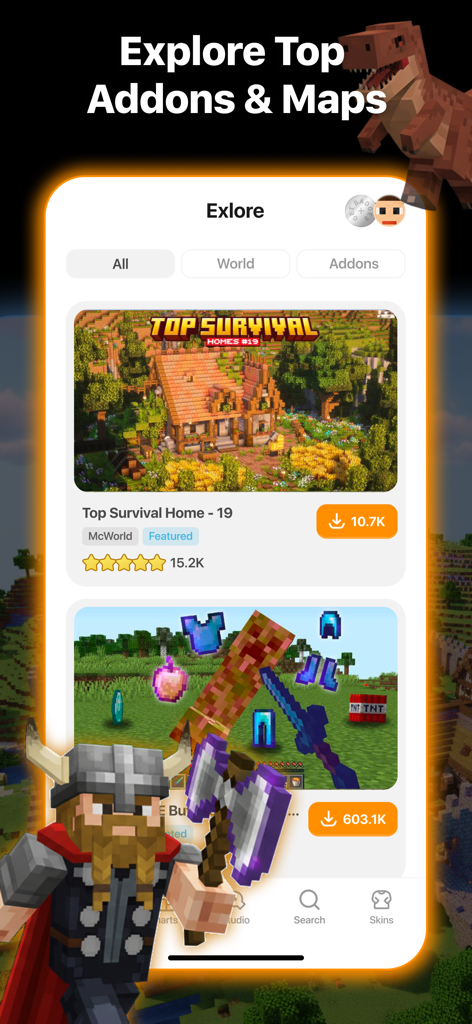 The explore screen of the Addons for Minecraft app featuring top survival home maps and custom gear behavior packs