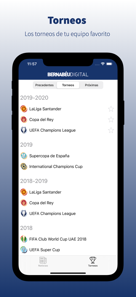 Lista de torneos de fútbol del Real Madrid en la aplicación Bernabeu Digital