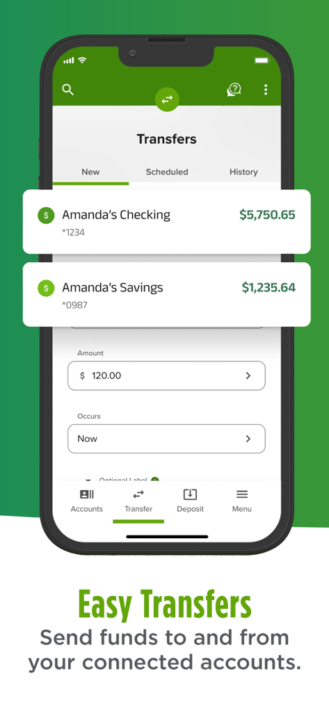 Summit Credit Union - Summit Credit Union mobile app screen showing easy transfers between checking and savings accounts