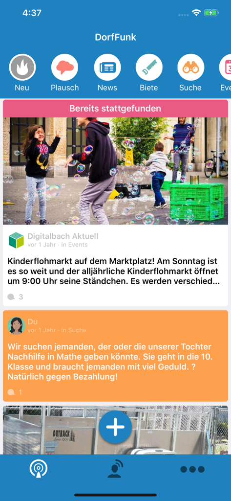 DorfFunk - A screenshot of the DorfFunk mobile app interface showing a community feed with local news, event announcements, and neighborly help requests.
