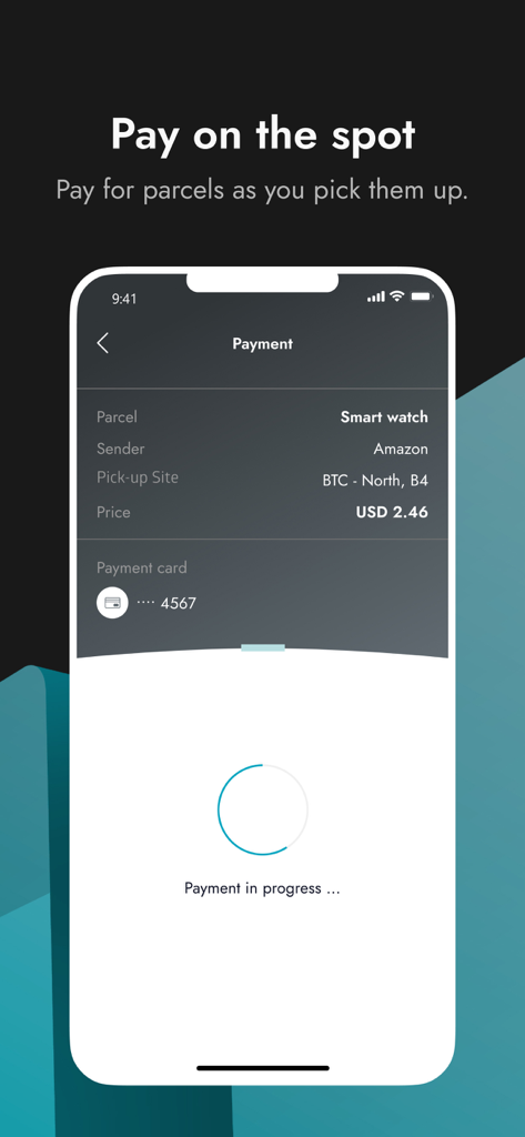 Direct4.me - Direct4.me mobile app interface showing a payment in progress for an Amazon parcel pickup