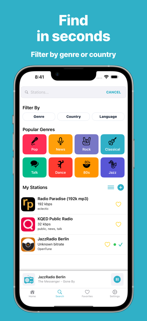 A tela de busca do aplicativo OpenTune Radio mostrando gêneros musicais populares e uma lista de estações de rádio locais e globais.