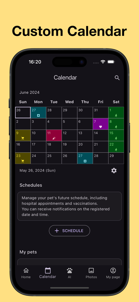 My Pet App for Health Tracking - 색상 코딩된 아이콘으로 예약된 활동을 보여주는 반려동물 건강 추적 앱 캘린더 화면