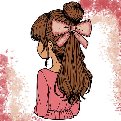 realistic girl  with hip length hair a bun and a big bow on the back of head