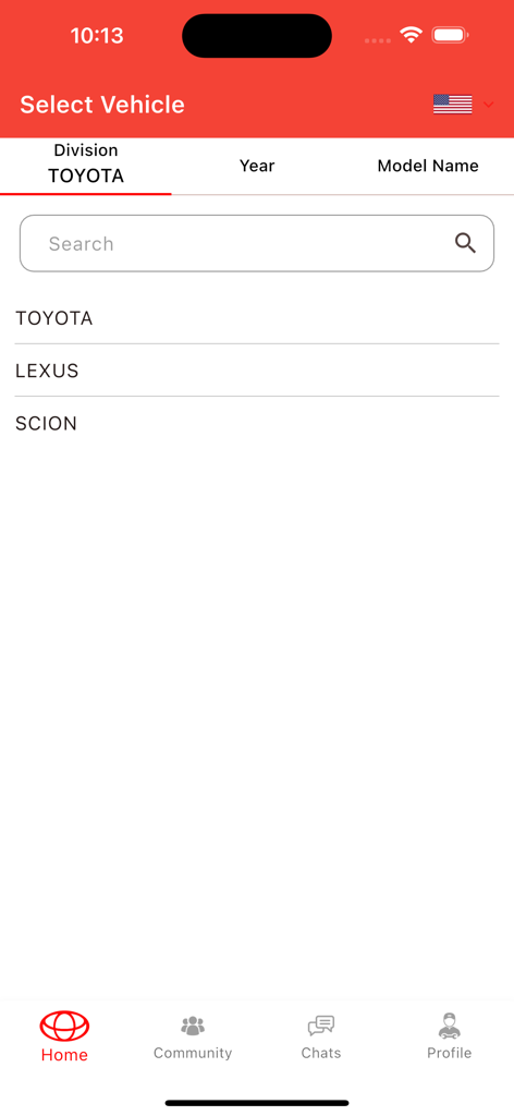 TOYODATA - TOYODATA app interface showing selection options for Toyota Lexus and Scion vehicle divisions