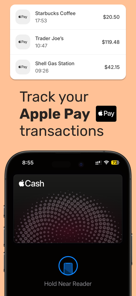 Spending Tracker – Bux - Bux app interface showing Apple Pay transaction history for Starbucks, Trader Joes, and Shell gas station