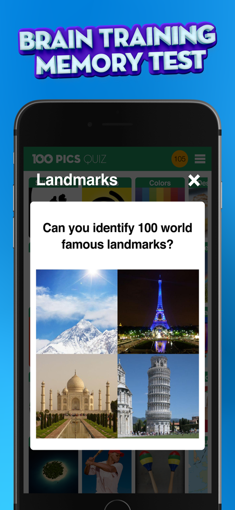 100 PICS Quiz app interface displaying a brain training memory test for world famous landmarks