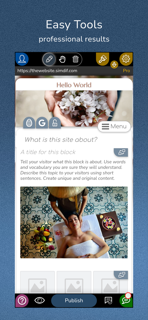 Interface de l'application mobile SimDif montrant un site web en cours de construction avec des blocs de texte et d'images et un bouton de publication.