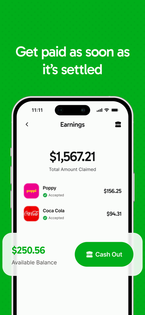 PayMe - Claim Your Money - PayMeアプリのダッシュボード。承認された訴訟の和解金と出金ボタンが表示されています。