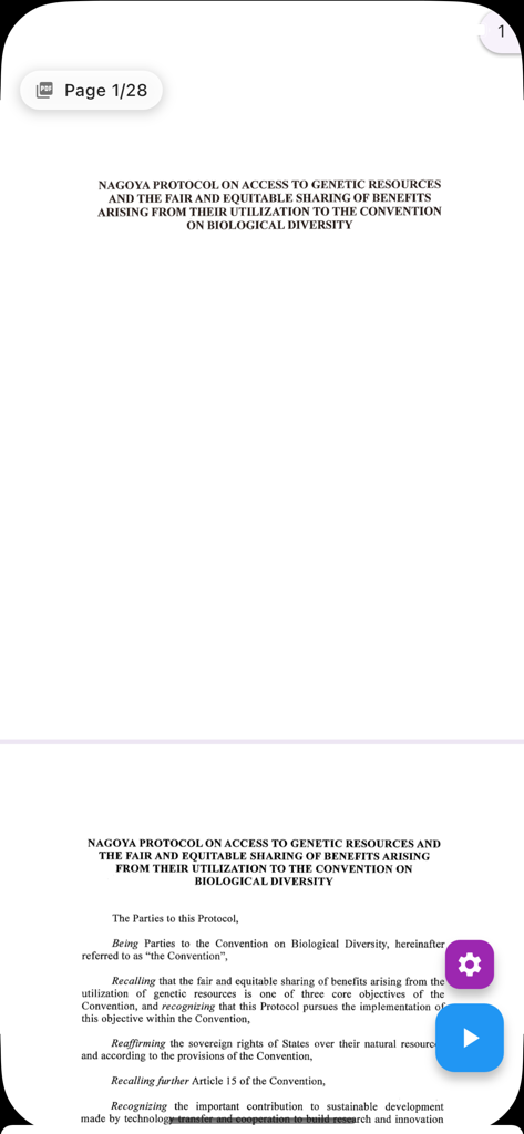 A PDF document being read in the Auto Scroll PDF app with hands-free playback controls and page navigation