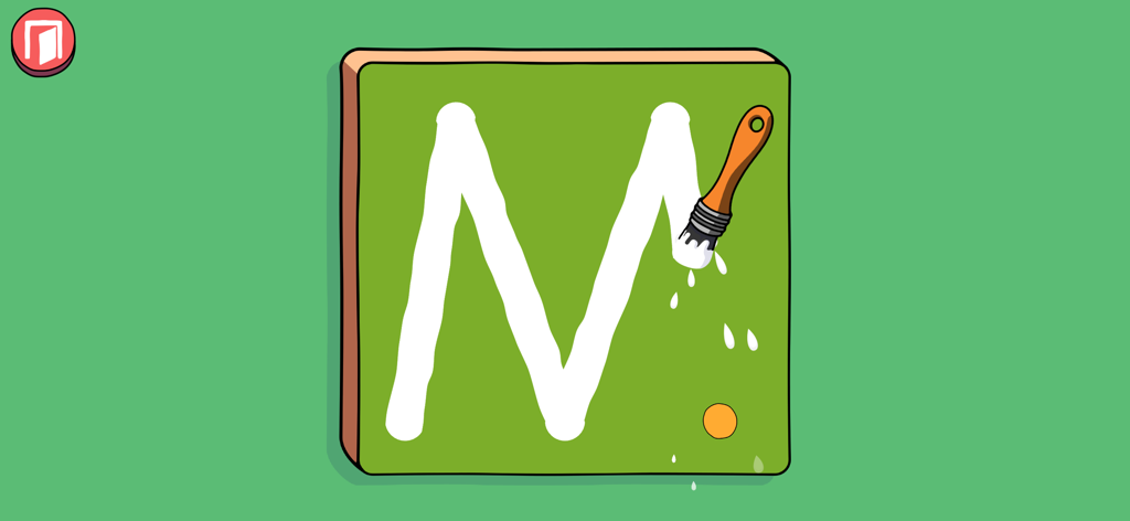 Un pincel digital pintando una letra M blanca sobre un tablero verde en la aplicación educativa de Alfie Atkins.