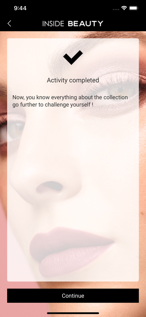 Inside Beauty - Ecrã da aplicação Inside Beauty a mostrar a confirmação de uma atividade de formação concluída