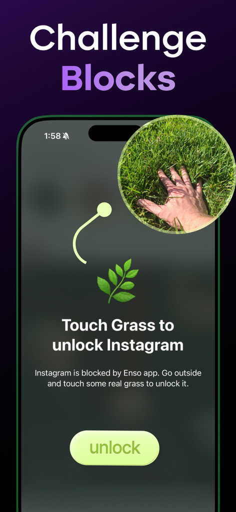 Enso - Social Media Blocker - Pantalla de la aplicación Enso que muestra un desafío de bloqueo que requiere tocar césped para desbloquear Instagram
