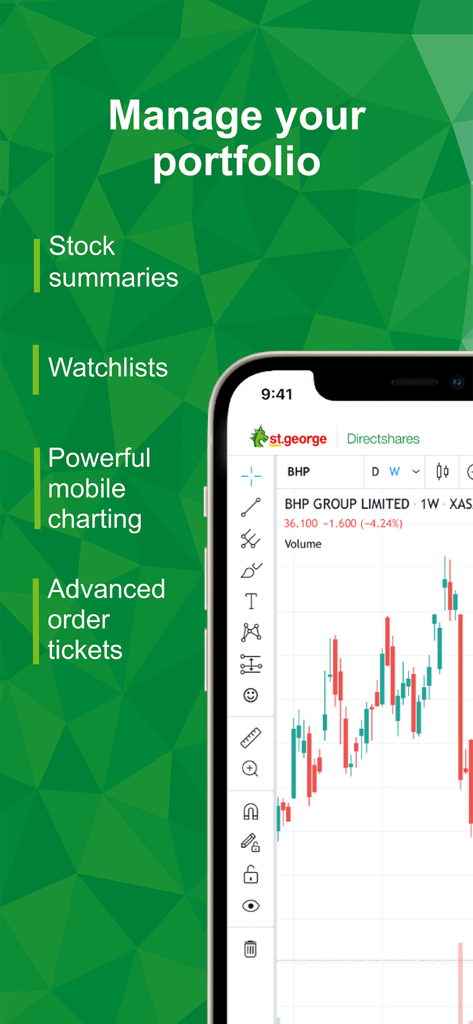 St George Directshares app interface showing portfolio management and mobile charting features