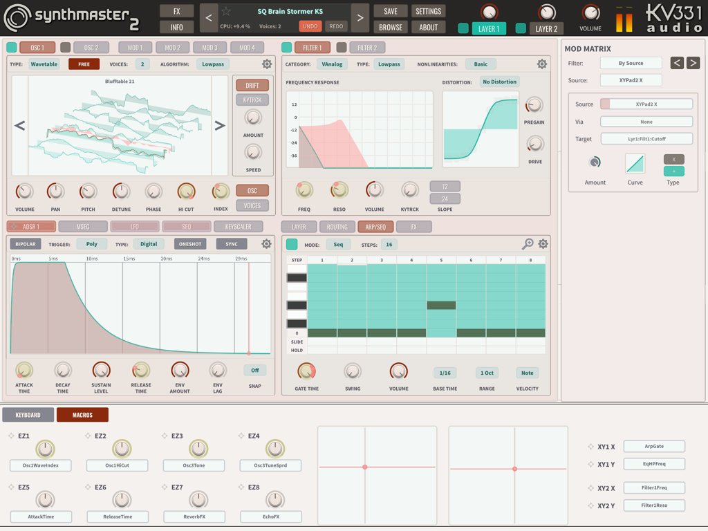 SynthMaster 2 - Interface of SynthMaster 2 synthesizer app on iPad showing oscillators and filters
