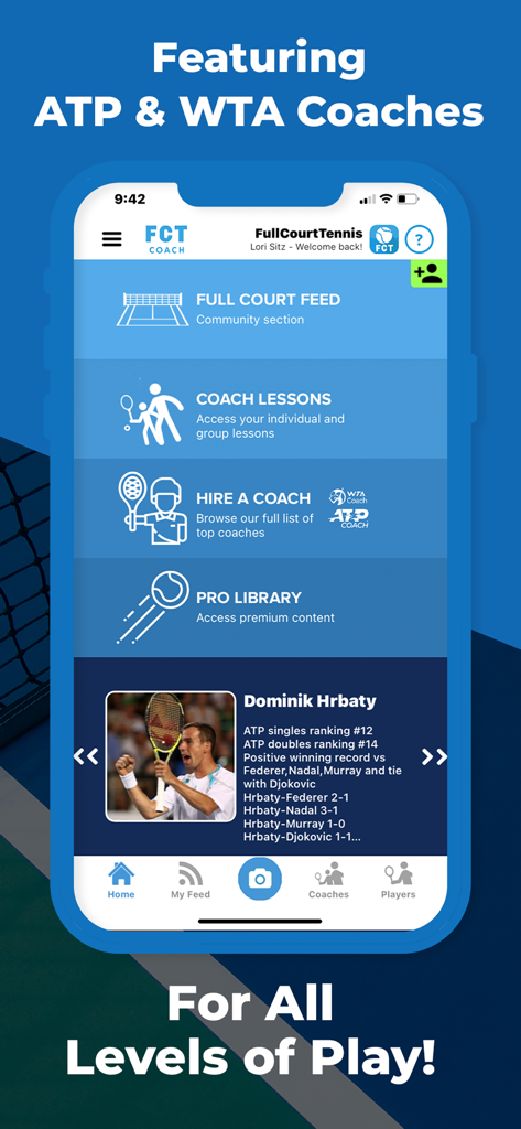 Full Court Tennis - Home screen of the Full Court Tennis app showing coaching options and professional tennis library.