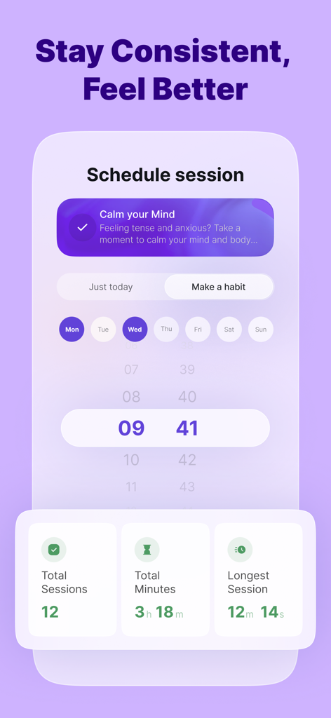 Breathe app screen for scheduling sessions and viewing progress statistics.