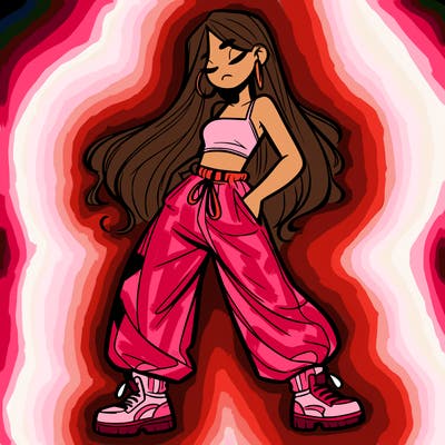 girl in baggy pants crop top and long hair