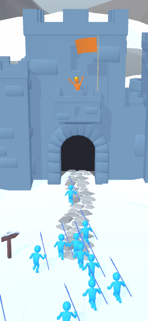 Blue stickman army with spears charging towards a large stone castle in Big Battle 3D.