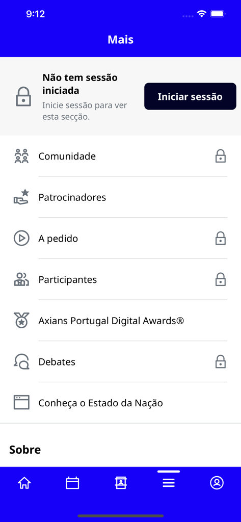 Portugal Digital HUB - Navigation menu in the Portugal Digital HUB app listing event features like sponsors and community.