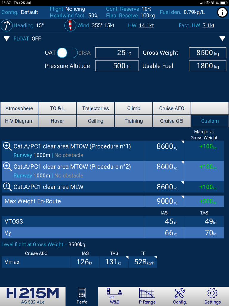 H215M Flight Perfo app interface showing flight performance calculations and weight data