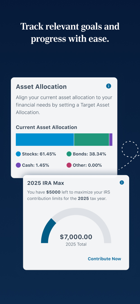 Interfaccia dell'app T. Rowe Price che mostra un grafico di allocazione degli asset e un tracker dei progressi dei contributi IRA