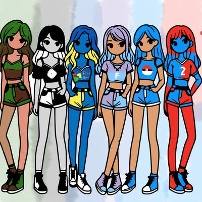 a group of girls wearing crop tops and shorts