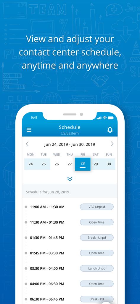 NiCE Employee Engagement Manager app interface showing a contact center agent daily schedule
