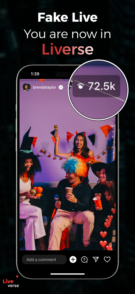 Liverse - AI Fake Live Stream - A simulated social media live stream interface in the Liverse app showing over seventy-two thousand virtual viewers