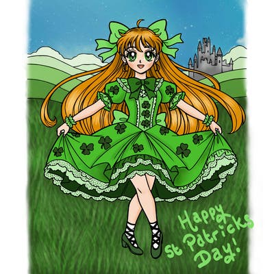 pretty girl in girly and frilly irish dancing costume with long flowing pigtails with ribbons in her hair