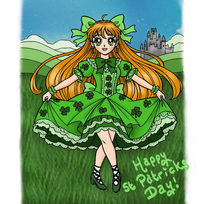 pretty girl in girly and frilly irish dancing costume with long flowing pigtails with ribbons in her hair