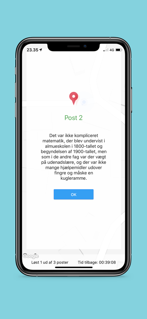 A smartphone screen showing a GPS map with a red pin for Post 2 and an educational task description in the find2learn app.
