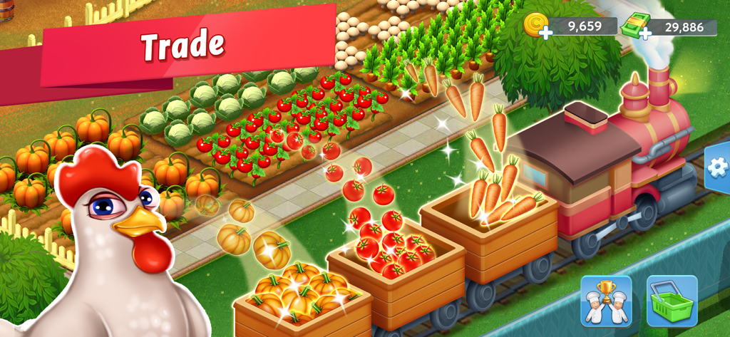 Un colorido jardín de granja con un tren de carga cargado con verduras frescas para el comercio en Star Chef 2.