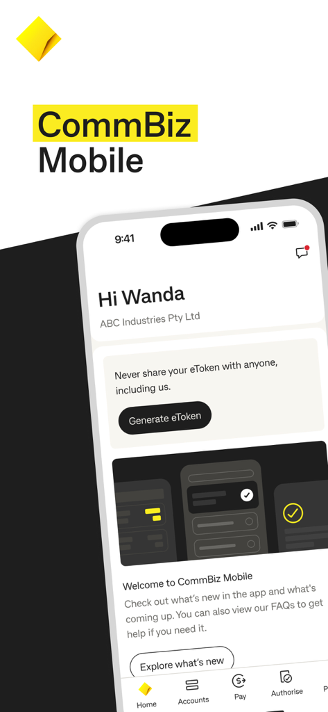CommBiz Mobile app home screen showing business account details and eToken security feature