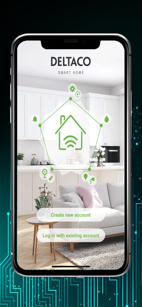 DELTACO SMART HOME - Schermata di benvenuto dell'app Deltaco Smart Home che mostra i pulsanti di accesso e creazione account
